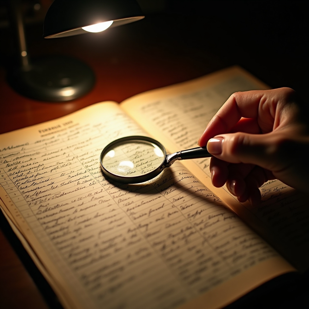 Close-up of a 1920 federal census page being analyzed with a magnifying glass, handwritten entries visible