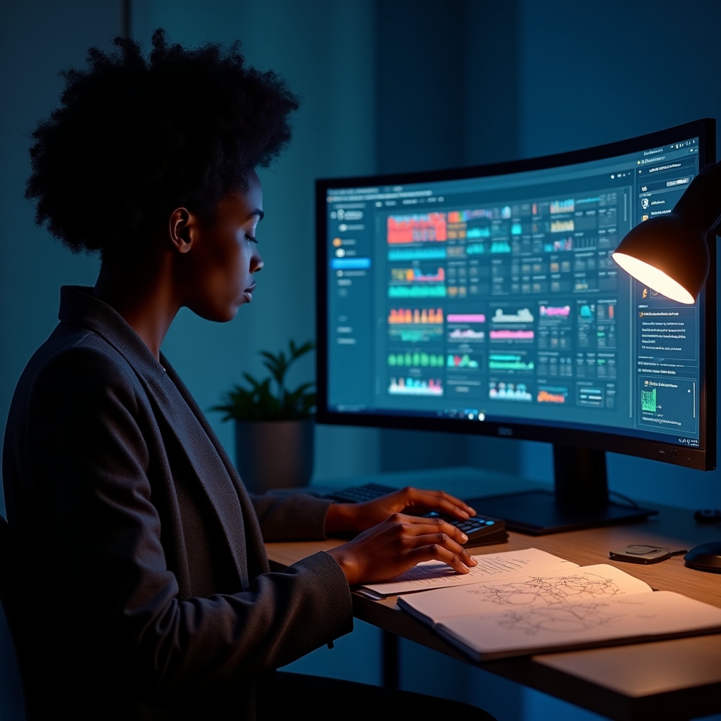 Researcher analyzing DNA match results on a large monitor with chromosome browser open, genealogy notes visible nearby