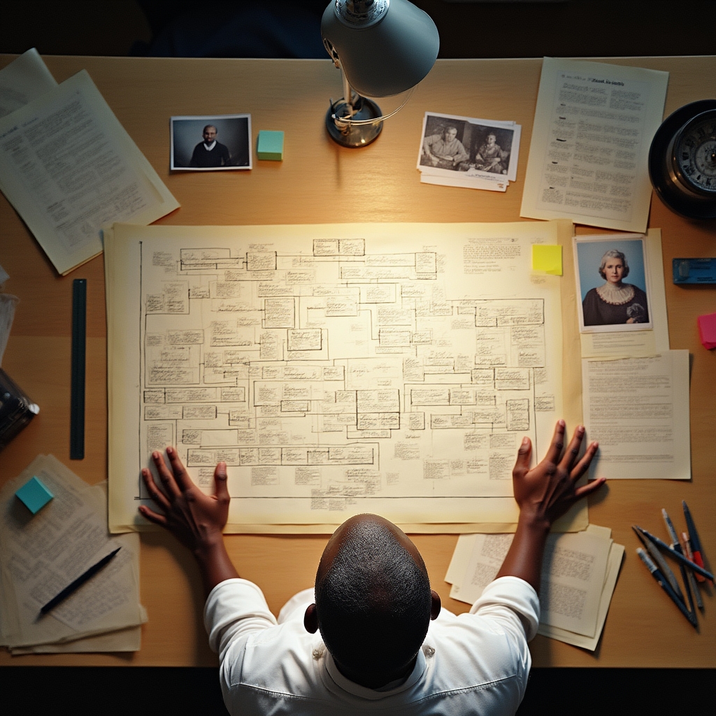Detailed hand-drawn family tree chart spread across a large table with research notes and photographs