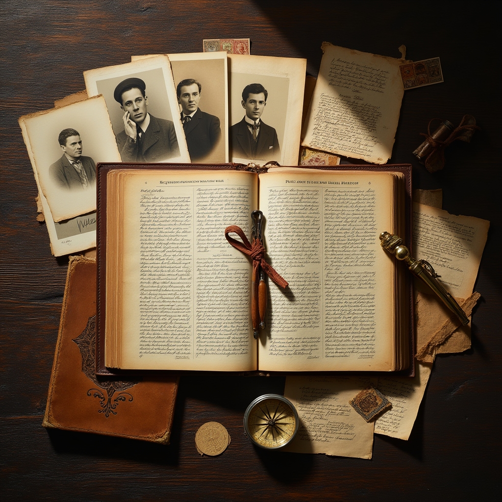 Collection of old family photographs, handwritten letters, and genealogy research materials arranged artistically
