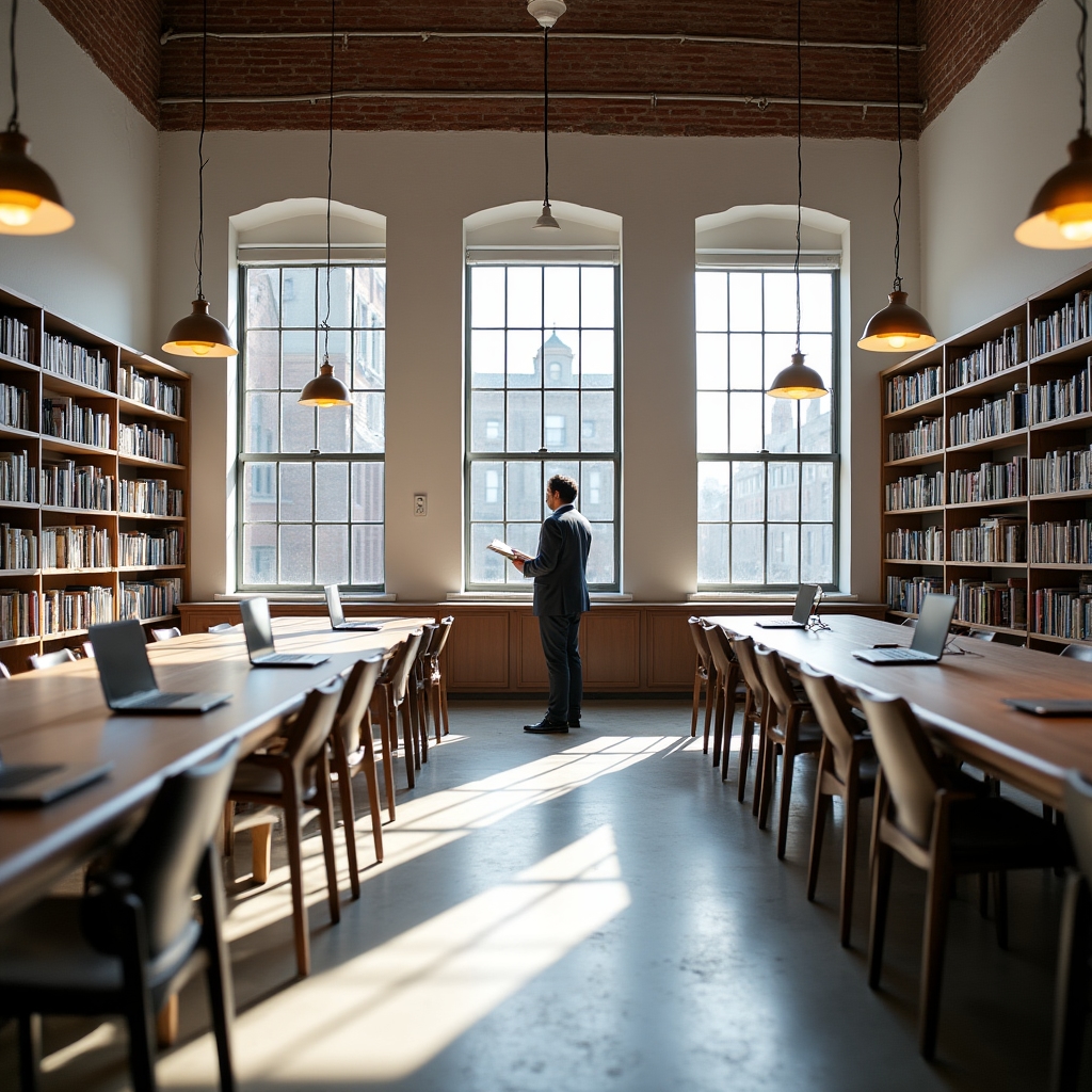 Interior of a modern research space in Philadelphia with genealogy materials, maps, and a collaborative work environment